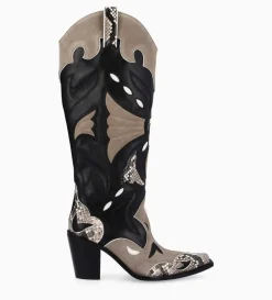 FREE LANCE Paris Botte western à talon - Annie 80 - Cuir de veau/Velours/Nappa/Serpent - Noir/Beige/Taupe