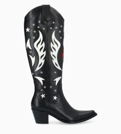 Online FREE LANCE Paris Botte western à talon brodée - Tina 50 - Cuir de veau lisse brillant - Noir/Beige