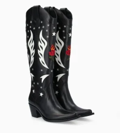 Online FREE LANCE Paris Botte western à talon brodée - Tina 50 - Cuir de veau lisse brillant - Noir/Beige