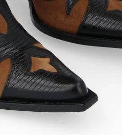 Online FREE LANCE Paris Botte western brodée à talon - Terry 80 - Cuir velours/Cuir imprimé lézard - Noir/Brun