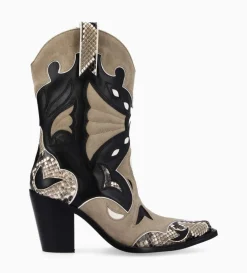 Hot FREE LANCE Paris Bottine western à talon - Andrea 80 - Cuir de veau/Velours/Nappa/Serpent - Noir/Beige/Taupe