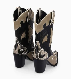 Hot FREE LANCE Paris Bottine western à talon - Andrea 80 - Cuir de veau/Velours/Nappa/Serpent - Noir/Beige/Taupe