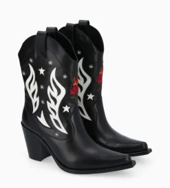 FREE LANCE Paris Bottine western à talon brodée - Tippi 80 - Cuir de veau lisse brillant - Noir/Beige
