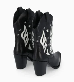 FREE LANCE Paris Bottine western à talon brodée - Tippi 80 - Cuir de veau lisse brillant - Noir/Beige