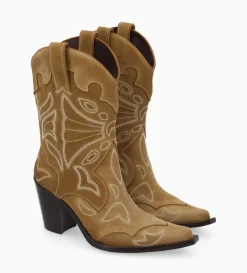 Sale FREE LANCE Paris Bottine western brodée à talon - Andrea 80 - Cuir velours - Sienna