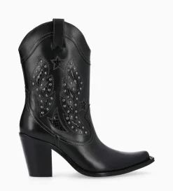 Clearance FREE LANCE Paris Bottine western brodée à talon avec clous - Tippi 80 - Cuir de veau lisse/Cuir imprimé serpent - Noir
