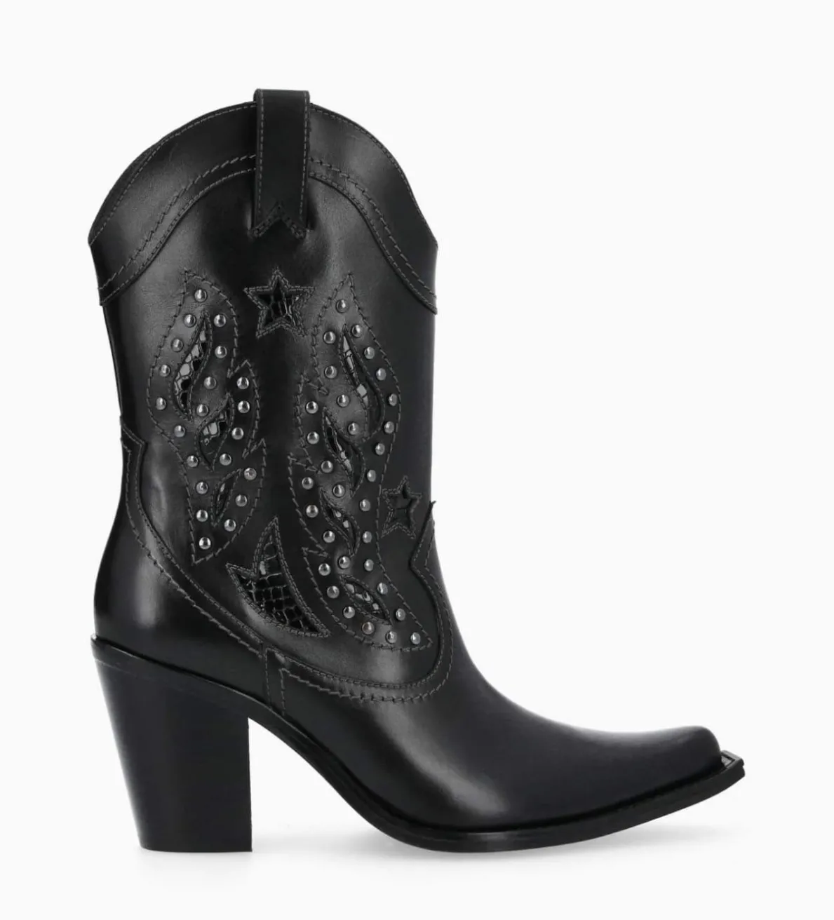 Clearance FREE LANCE Paris Bottine western brodée à talon avec clous - Tippi 80 - Cuir de veau lisse/Cuir imprimé serpent - Noir