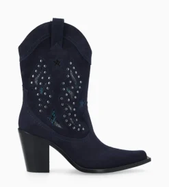 Clearance FREE LANCE Paris Bottine western brodée à talon avec clous - Tippi 80 - Cuir velours/Cuir imprimé serpent - Marine