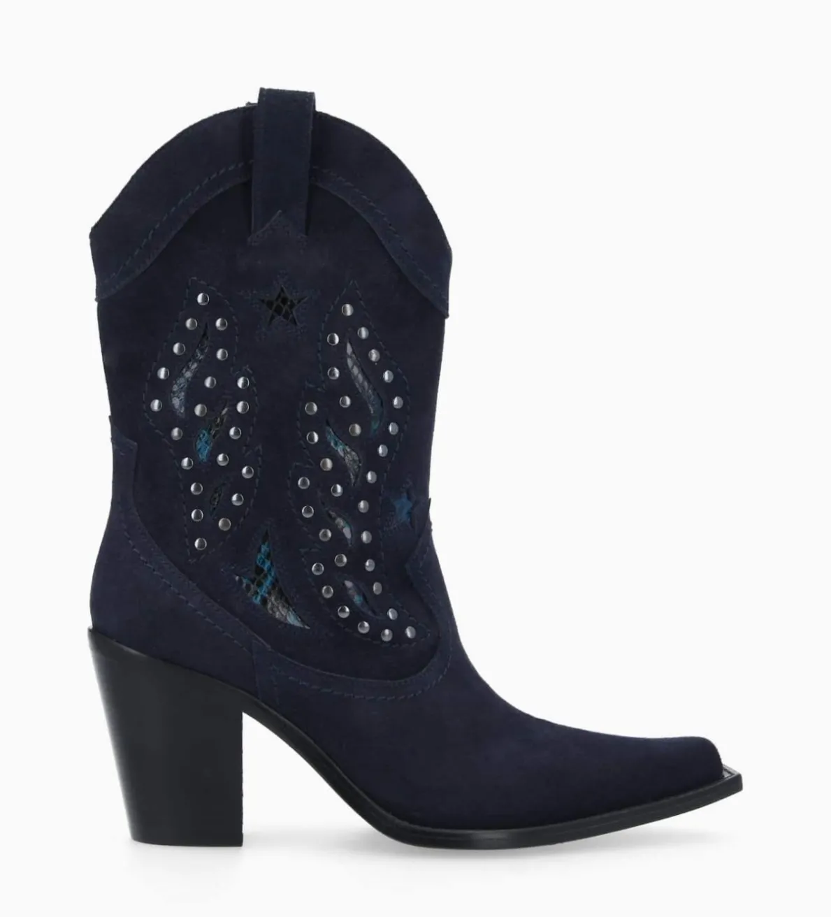 Clearance FREE LANCE Paris Bottine western brodée à talon avec clous - Tippi 80 - Cuir velours/Cuir imprimé serpent - Marine