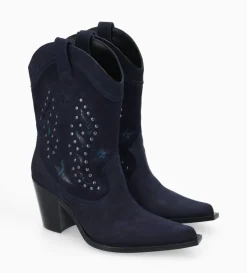 Clearance FREE LANCE Paris Bottine western brodée à talon avec clous - Tippi 80 - Cuir velours/Cuir imprimé serpent - Marine