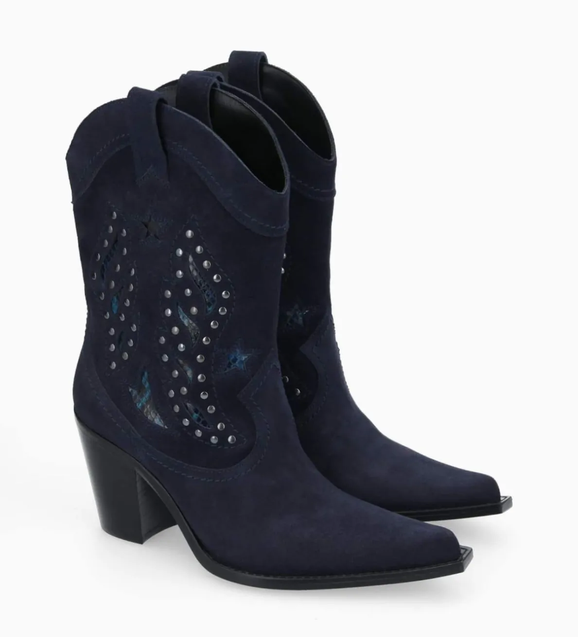 Clearance FREE LANCE Paris Bottine western brodée à talon avec clous - Tippi 80 - Cuir velours/Cuir imprimé serpent - Marine