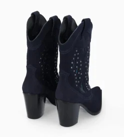 Clearance FREE LANCE Paris Bottine western brodée à talon avec clous - Tippi 80 - Cuir velours/Cuir imprimé serpent - Marine