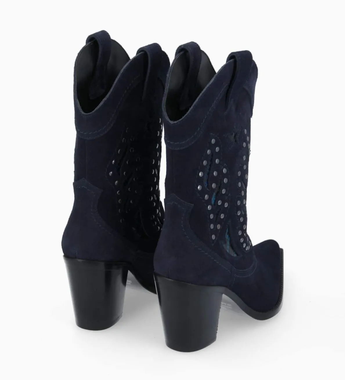 Clearance FREE LANCE Paris Bottine western brodée à talon avec clous - Tippi 80 - Cuir velours/Cuir imprimé serpent - Marine