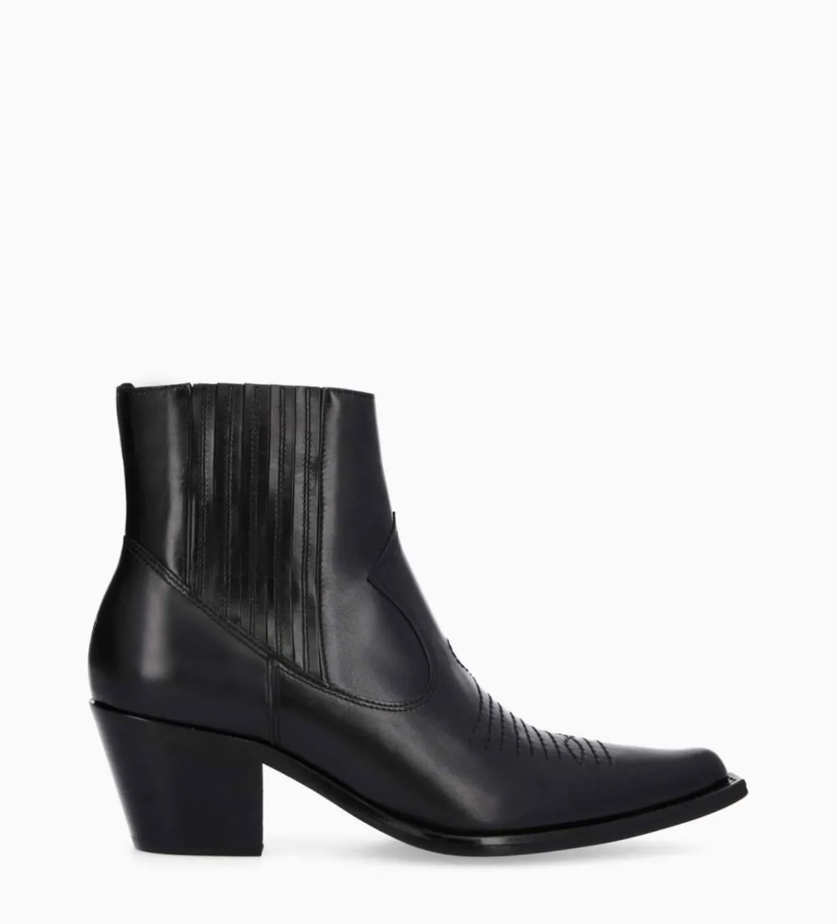 Hot FREE LANCE Paris Bottine western chelsea brodée à talon - Simone 50 - Cuir de veau lisse brillant - Noir