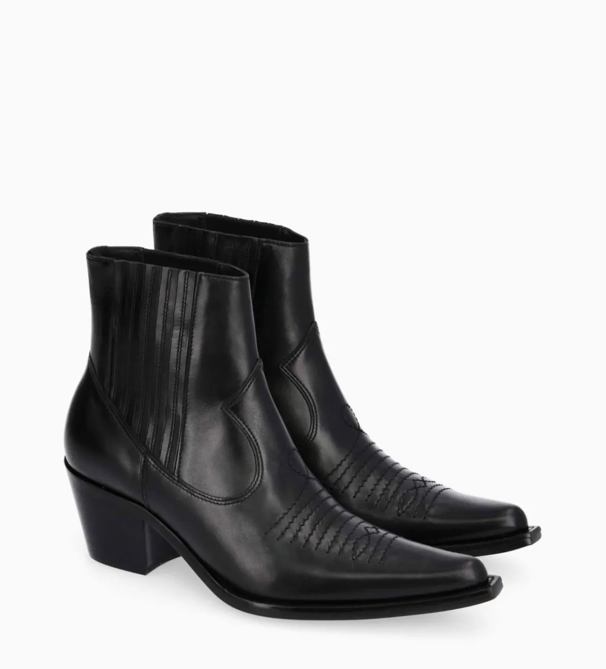 Hot FREE LANCE Paris Bottine western chelsea brodée à talon - Simone 50 - Cuir de veau lisse brillant - Noir