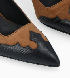 Discount FREE LANCE Paris Escarpin à bride arrière - Suzy 60 - Cuir velours/Cuir imprimé lézard - Noir/Brun