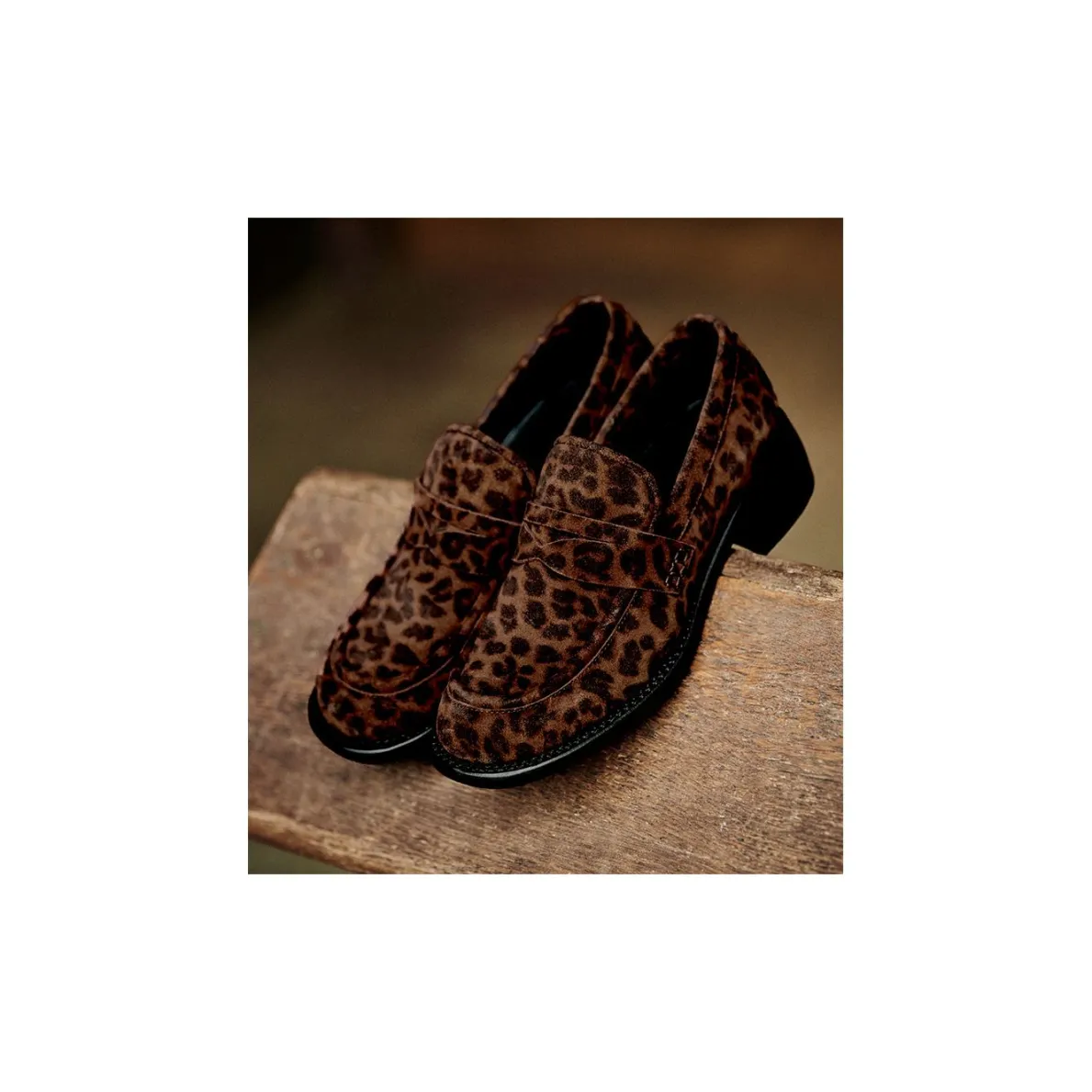 Outlet FREE LANCE Paris Mocassin à talon à bout carré - Anaïs 50 - Cuir velours - Léopard