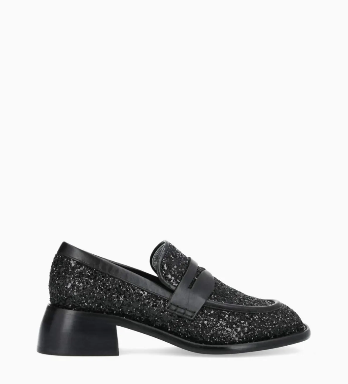 Best FREE LANCE Paris Mocassin à talon à bout carré - Anaïs 50 - Toile pailletée/Cuir de veau - Onyx/Noir