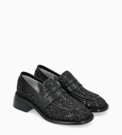 Best FREE LANCE Paris Mocassin à talon à bout carré - Anaïs 50 - Toile pailletée/Cuir de veau - Onyx/Noir