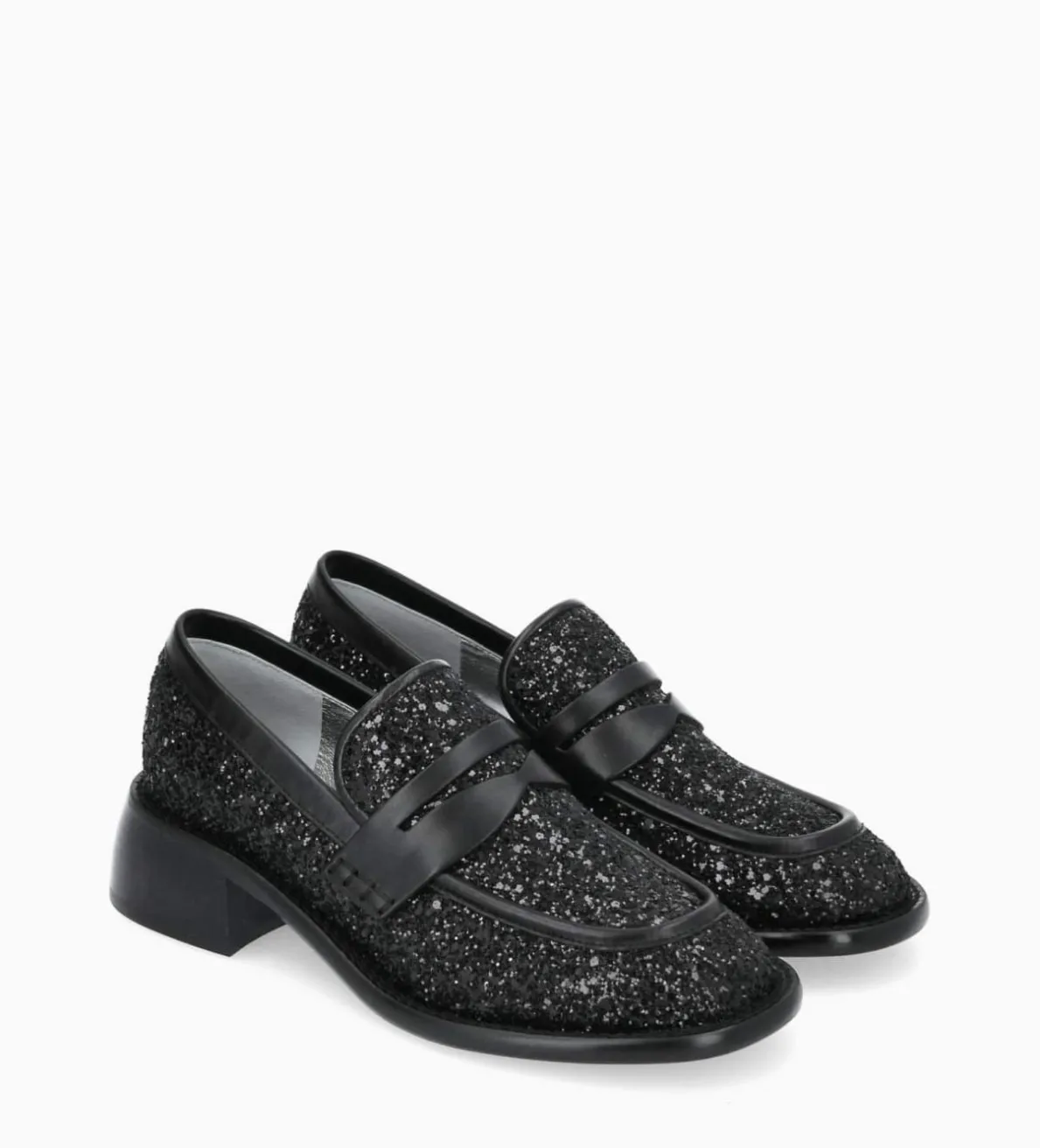 Best FREE LANCE Paris Mocassin à talon à bout carré - Anaïs 50 - Toile pailletée/Cuir de veau - Onyx/Noir