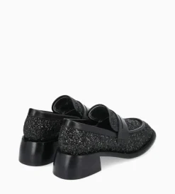 Best FREE LANCE Paris Mocassin à talon à bout carré - Anaïs 50 - Toile pailletée/Cuir de veau - Onyx/Noir