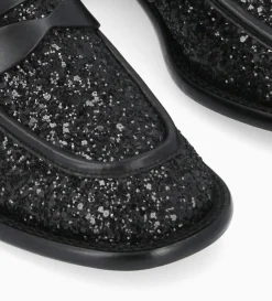 Best FREE LANCE Paris Mocassin à talon à bout carré - Anaïs 50 - Toile pailletée/Cuir de veau - Onyx/Noir