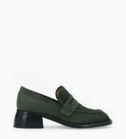 Outlet FREE LANCE Paris Mocassin à talon à bout carré - Anaïs 50 - Cuir velours - Militaire