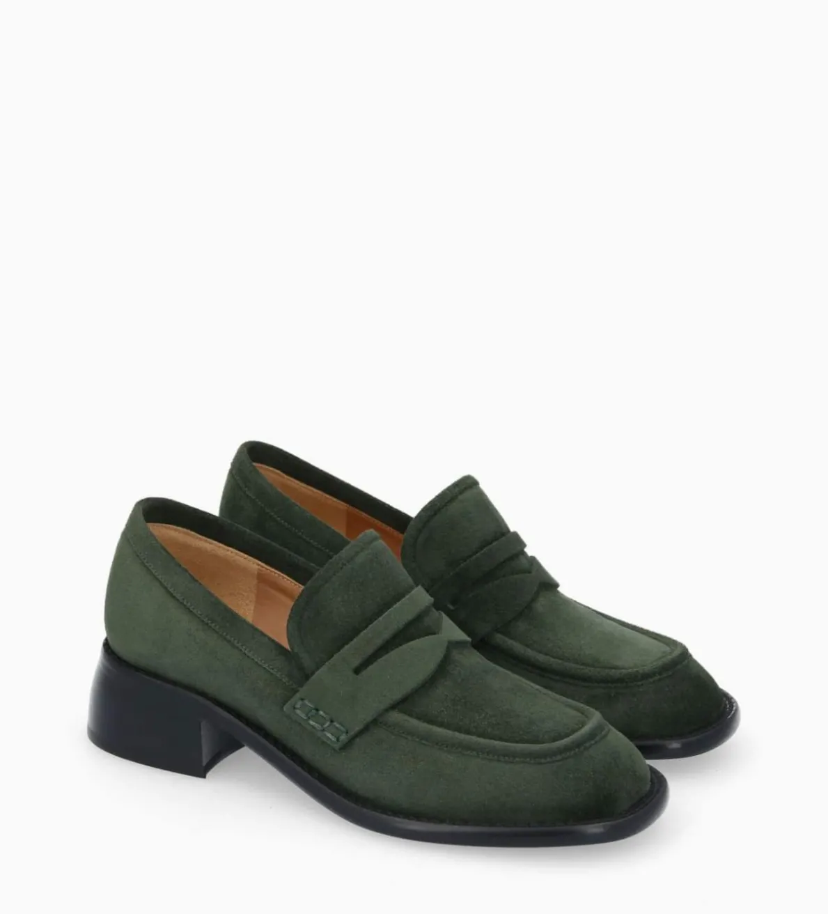 Outlet FREE LANCE Paris Mocassin à talon à bout carré - Anaïs 50 - Cuir velours - Militaire